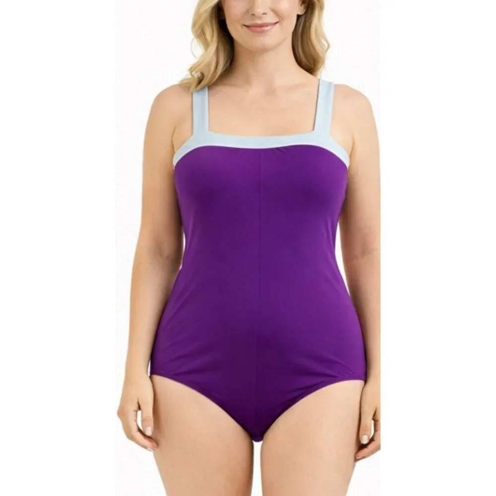 Miraclesuit Womens Purple White Trim One Piece Swimsuit Size 14